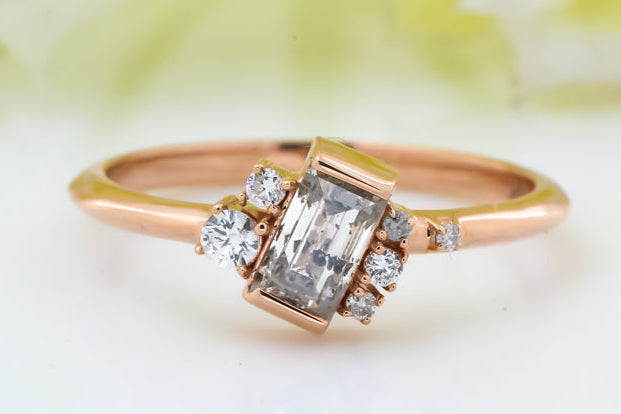 Salt and Pepper Diamond Ring 14K Gold Engagement Ring, Natural Baguette Gray Diamond Ring, Gift for Women