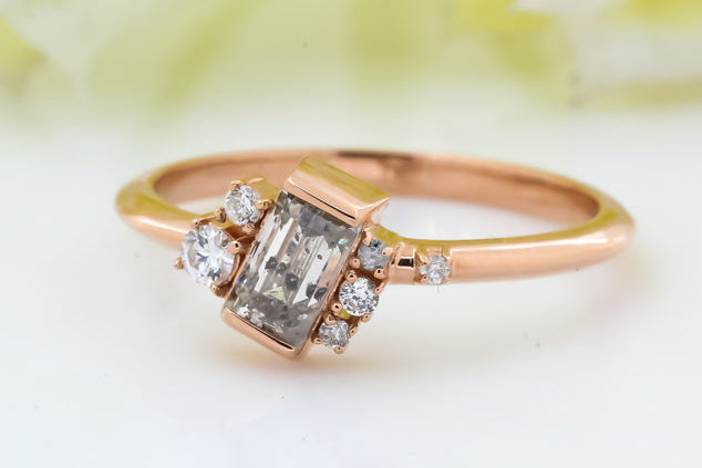 Salt and Pepper Diamond Ring 14K Gold Engagement Ring, Natural Baguette Gray Diamond Ring, Gift for Women