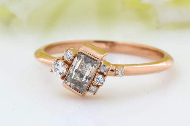 Salt and Pepper Diamond Ring 14K Gold Engagement Ring, Natural Baguette Gray Diamond Ring, Gift for Women