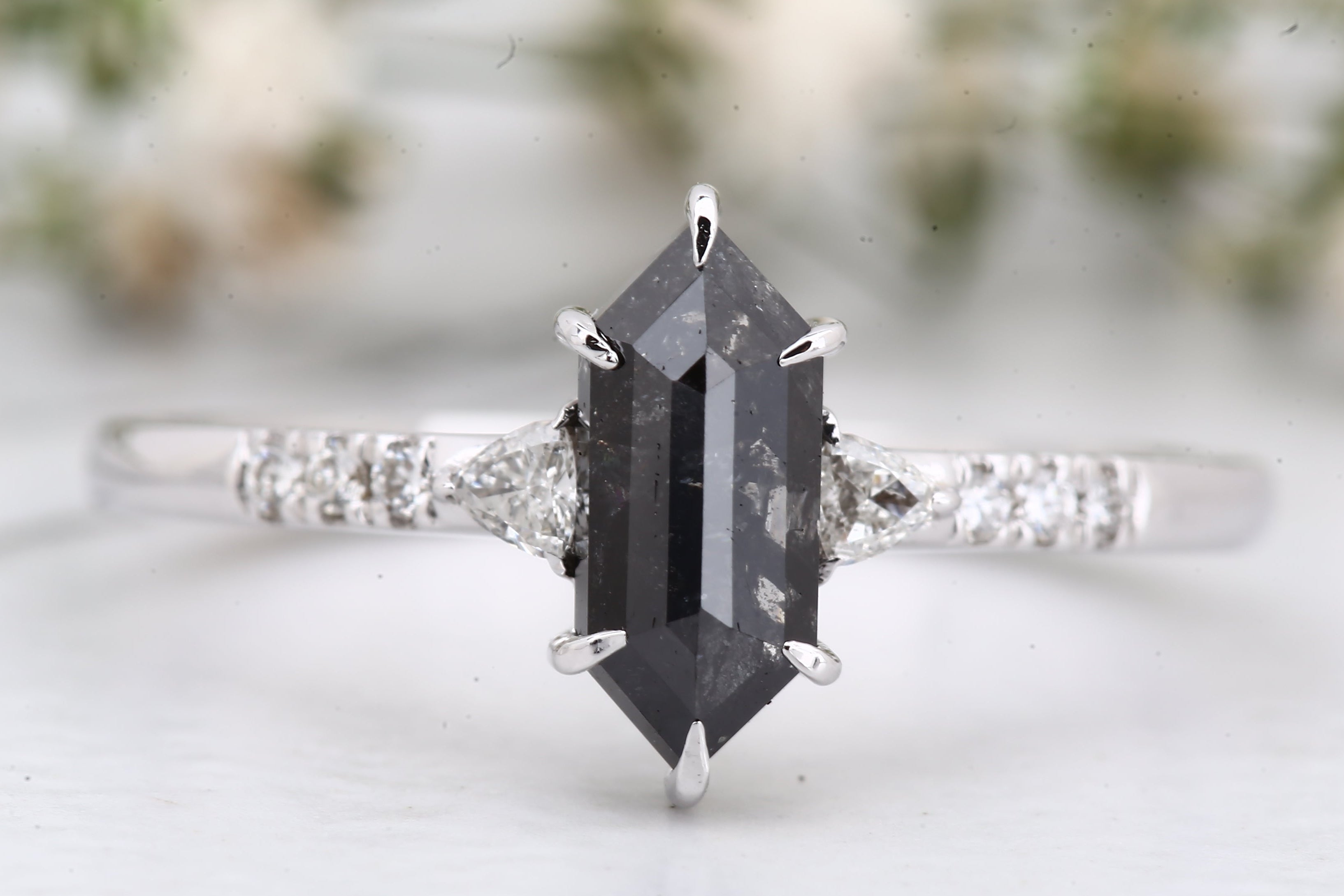 Salt and Pepper Diamond Ring, 14K Gold Engagement Ring, Natural Hexagon Gray Diamond Ring, Christmas Gift for Her