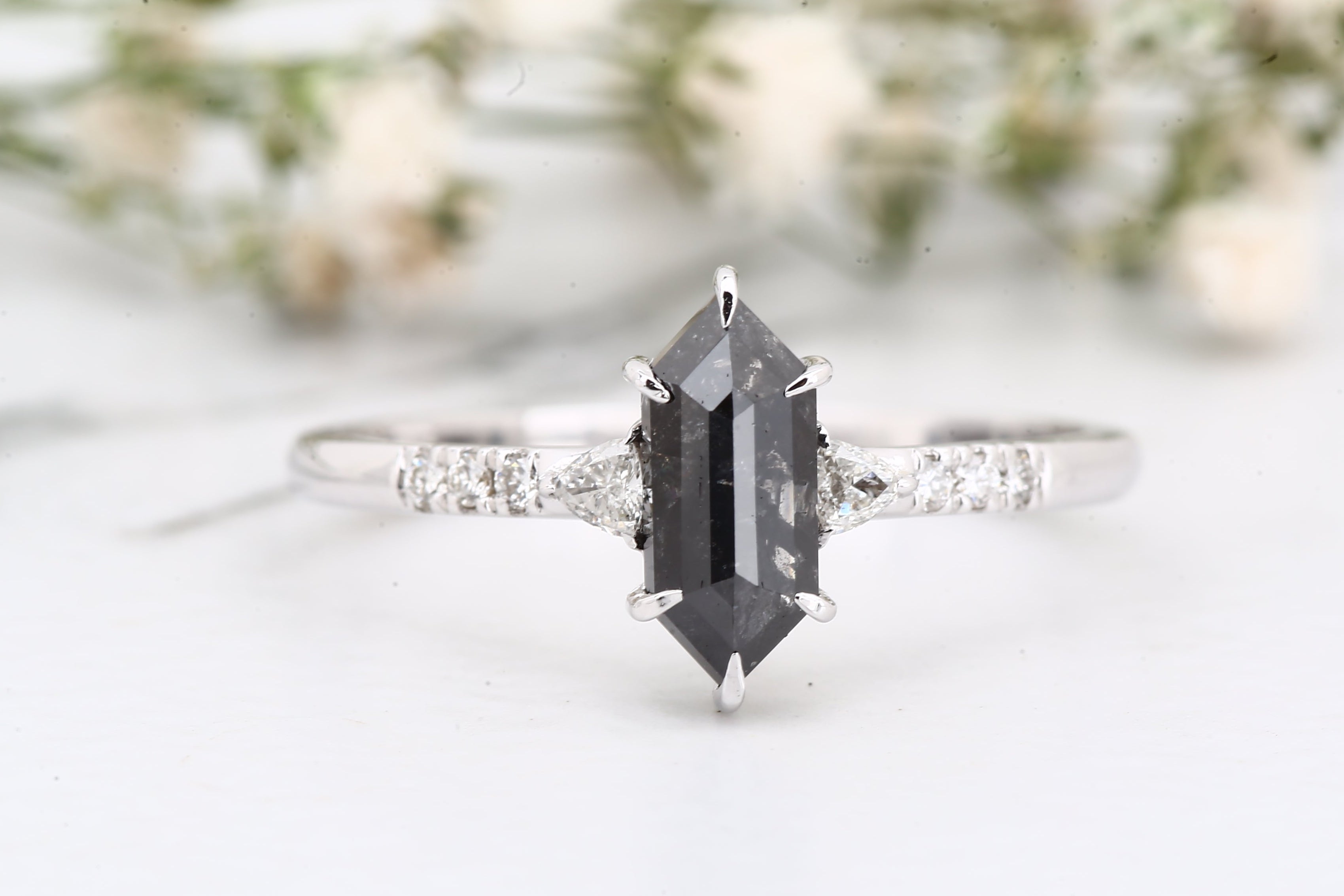 Salt and Pepper Diamond Ring, 14K Gold Engagement Ring, Natural Hexagon Gray Diamond Ring, Christmas Gift for Her