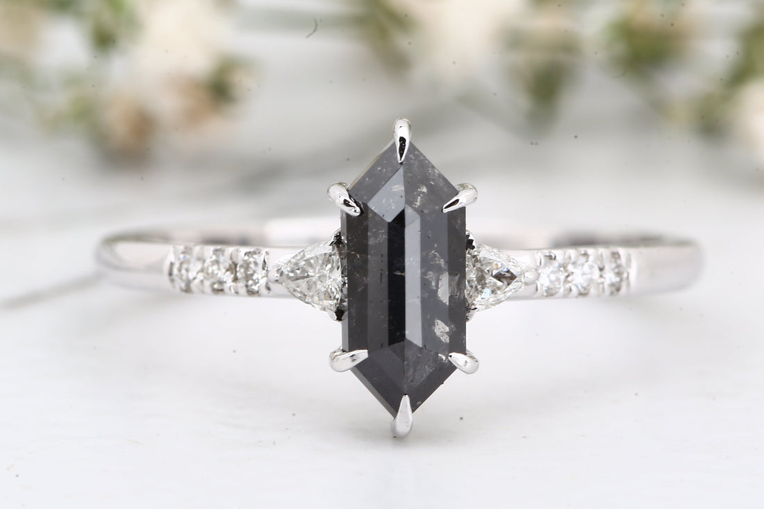 Salt and Pepper Diamond Ring, 14K Gold Engagement Ring, Natural Hexagon Gray Diamond Ring, Christmas Gift for Her