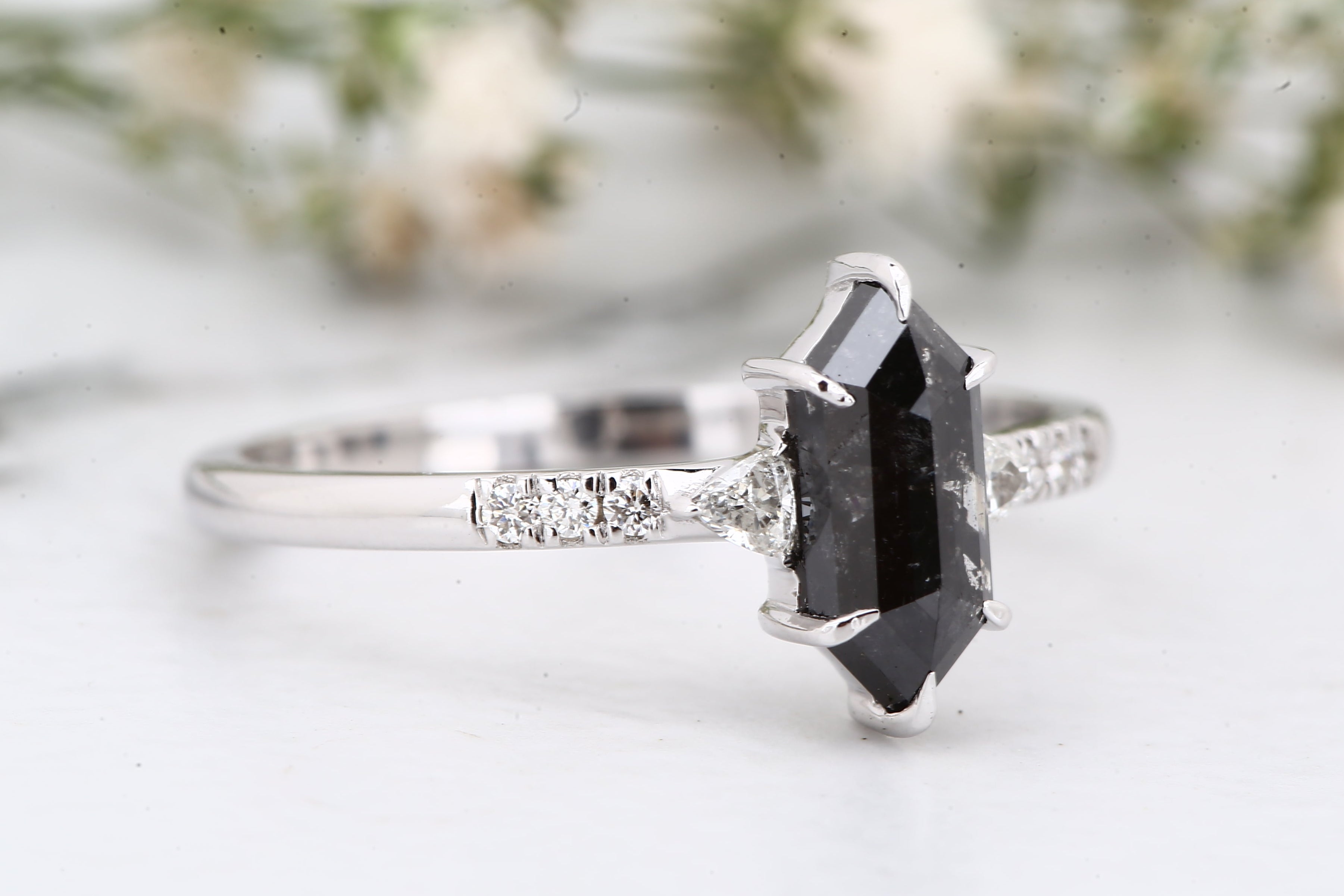 Salt and Pepper Diamond Ring, 14K Gold Engagement Ring, Natural Hexagon Gray Diamond Ring, Christmas Gift for Her
