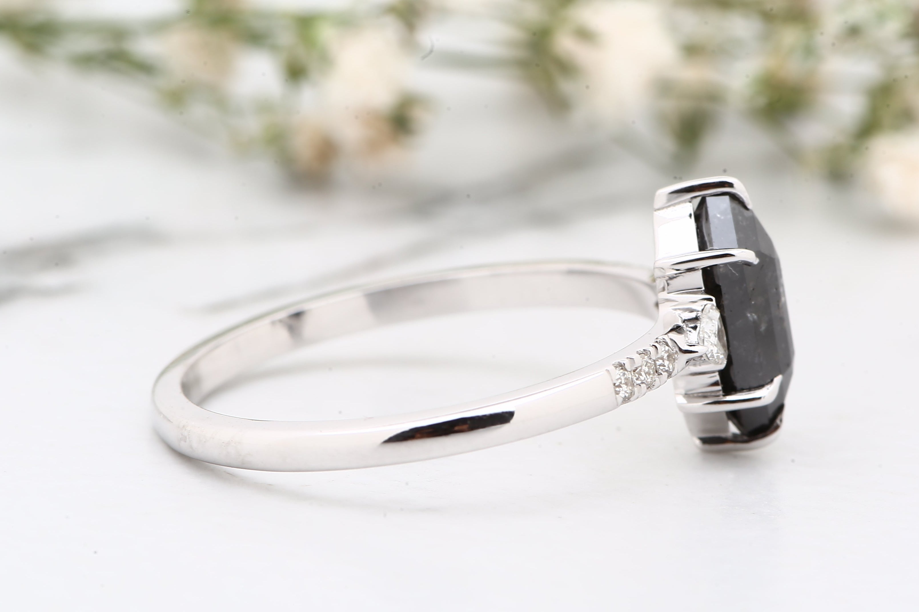 Salt and Pepper Diamond Ring, 14K Gold Engagement Ring, Natural Hexagon Gray Diamond Ring, Christmas Gift for Her