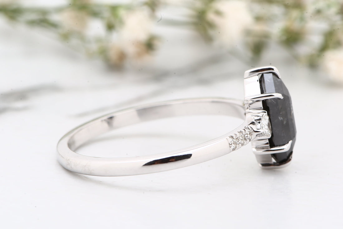 Salt and Pepper Diamond Ring, 14K Gold Engagement Ring, Natural Hexagon Gray Diamond Ring, Christmas Gift for Her