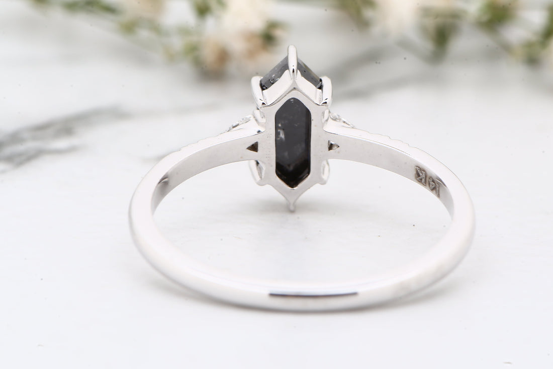 Salt and Pepper Diamond Ring, 14K Gold Engagement Ring, Natural Hexagon Gray Diamond Ring, Christmas Gift for Her