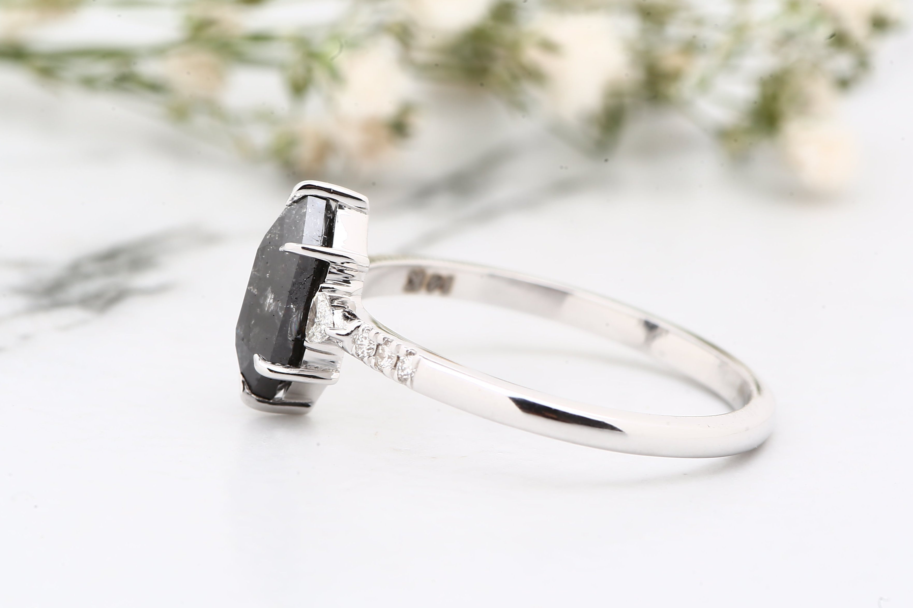 Salt and Pepper Diamond Ring, 14K Gold Engagement Ring, Natural Hexagon Gray Diamond Ring, Christmas Gift for Her