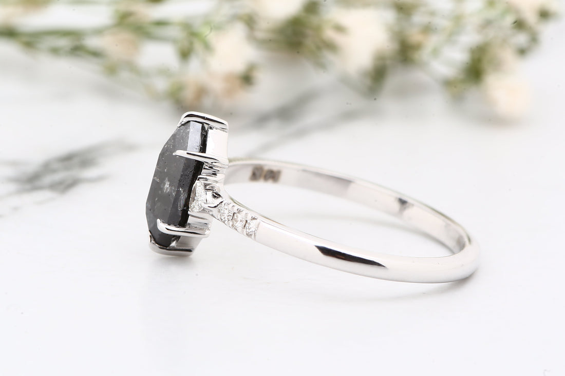 Salt and Pepper Diamond Ring, 14K Gold Engagement Ring, Natural Hexagon Gray Diamond Ring, Christmas Gift for Her