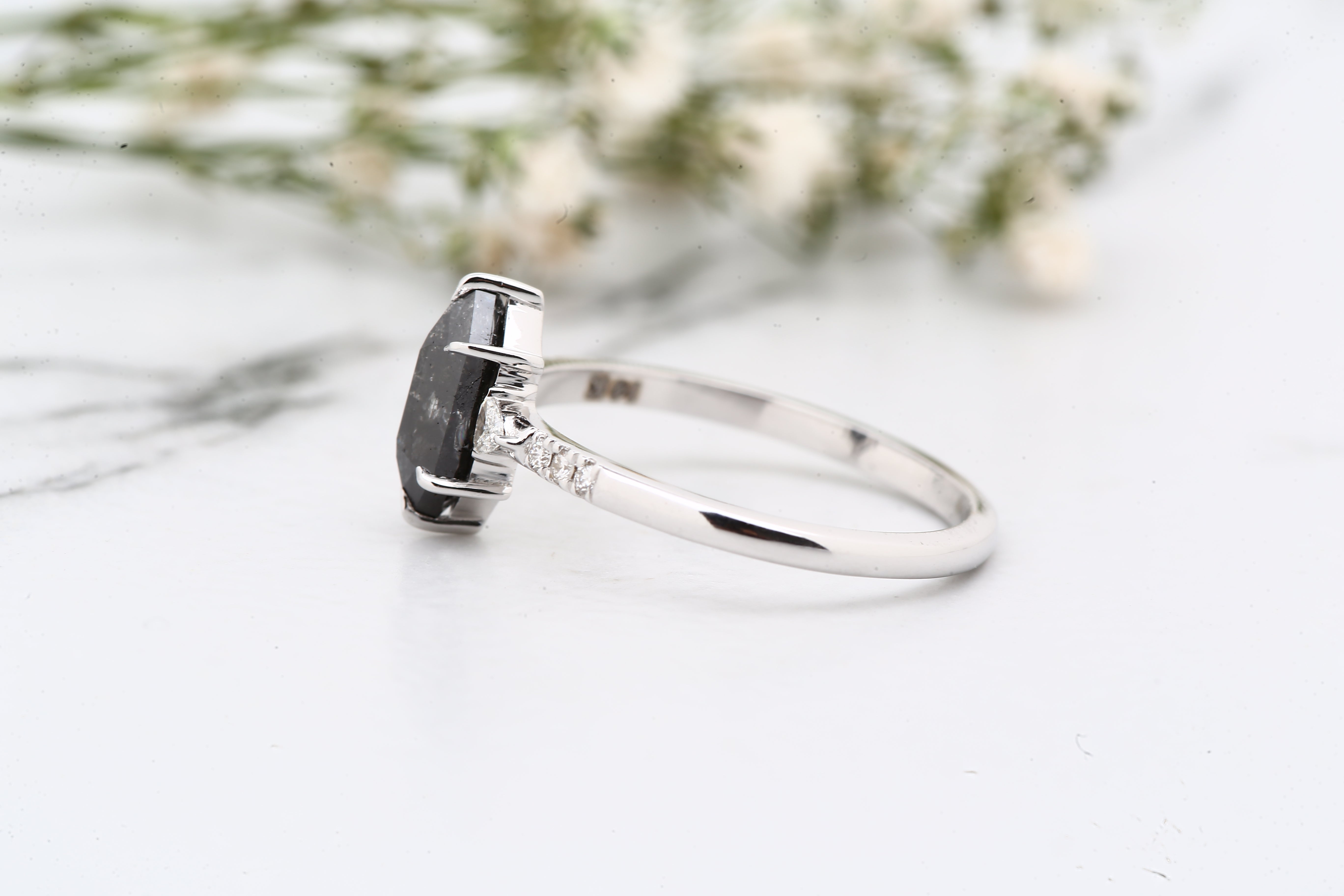 Salt and Pepper Diamond Ring, 14K Gold Engagement Ring, Natural Hexagon Gray Diamond Ring, Christmas Gift for Her