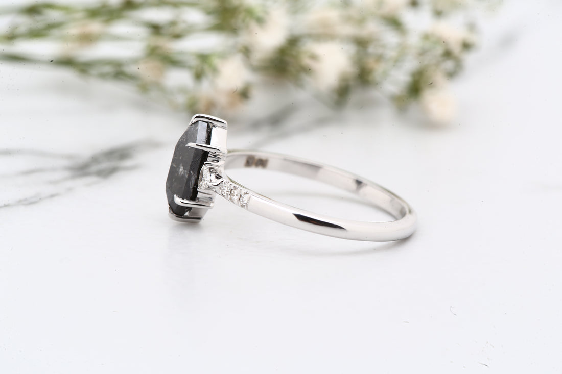 Salt and Pepper Diamond Ring, 14K Gold Engagement Ring, Natural Hexagon Gray Diamond Ring, Christmas Gift for Her