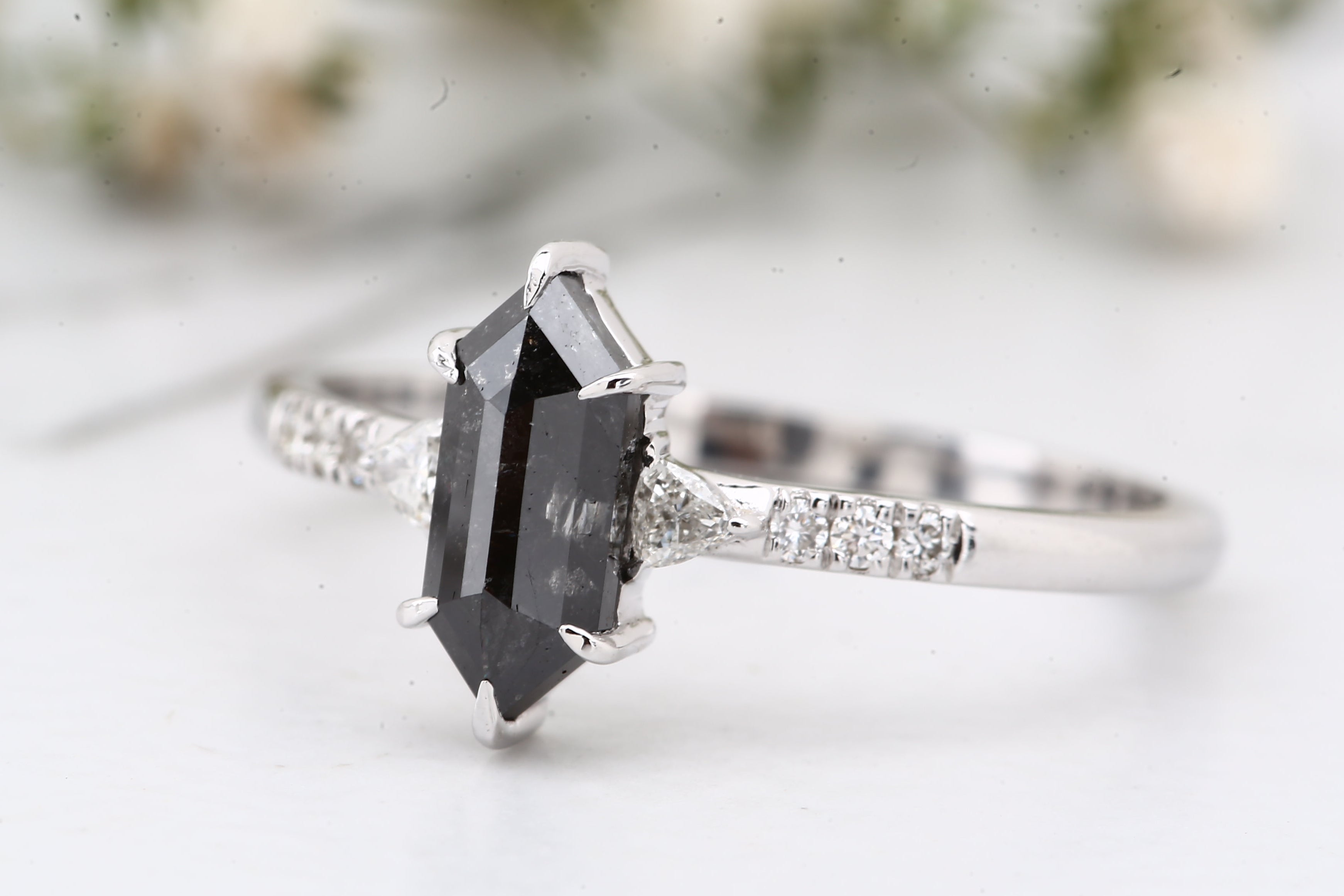 Salt and Pepper Diamond Ring, 14K Gold Engagement Ring, Natural Hexagon Gray Diamond Ring, Christmas Gift for Her