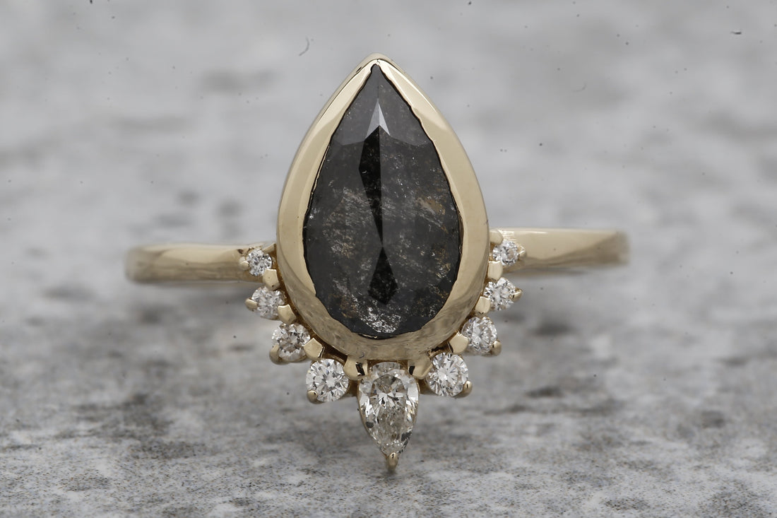 Salt and Pepper Diamond Ring, 14k Gold Engagement Ring, Natural Gray Pear Diamond Bezel Ring, Gift for Her