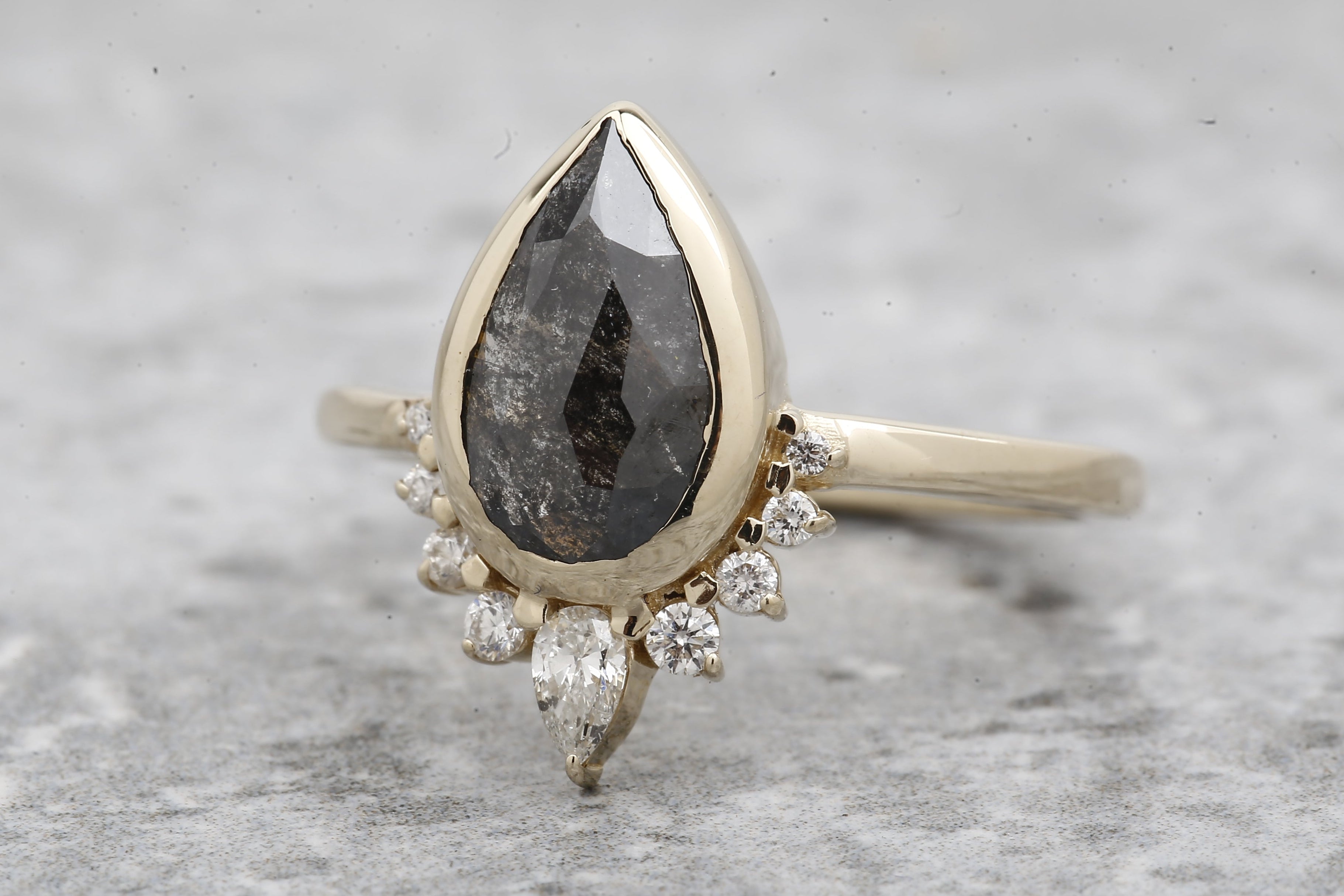 Salt and Pepper Diamond Ring, 14k Gold Engagement Ring, Natural Gray Pear Diamond Bezel Ring, Gift for Her