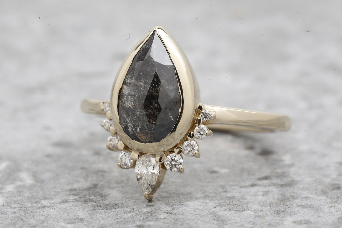 Salt and Pepper Diamond Ring, 14k Gold Engagement Ring, Natural Gray Pear Diamond Bezel Ring, Gift for Her