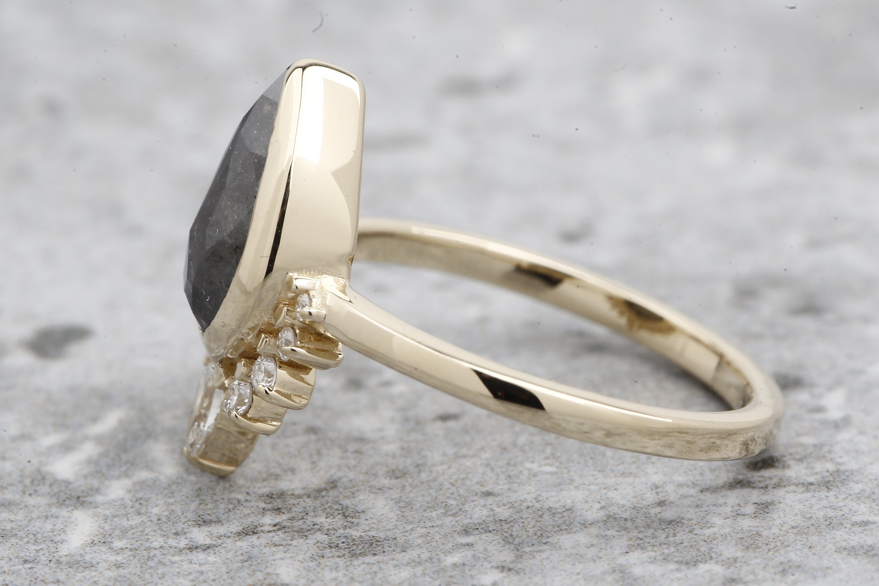 Salt and Pepper Diamond Ring, 14k Gold Engagement Ring, Natural Gray Pear Diamond Bezel Ring, Gift for Her