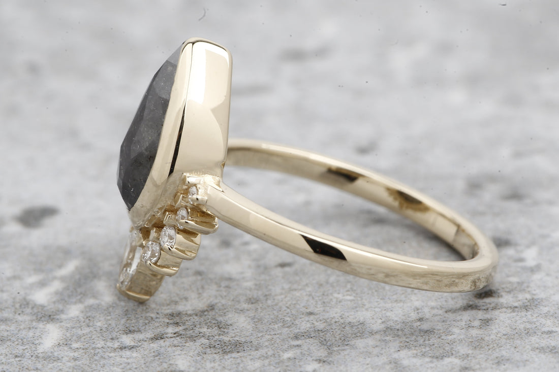 Salt and Pepper Diamond Ring, 14k Gold Engagement Ring, Natural Gray Pear Diamond Bezel Ring, Gift for Her