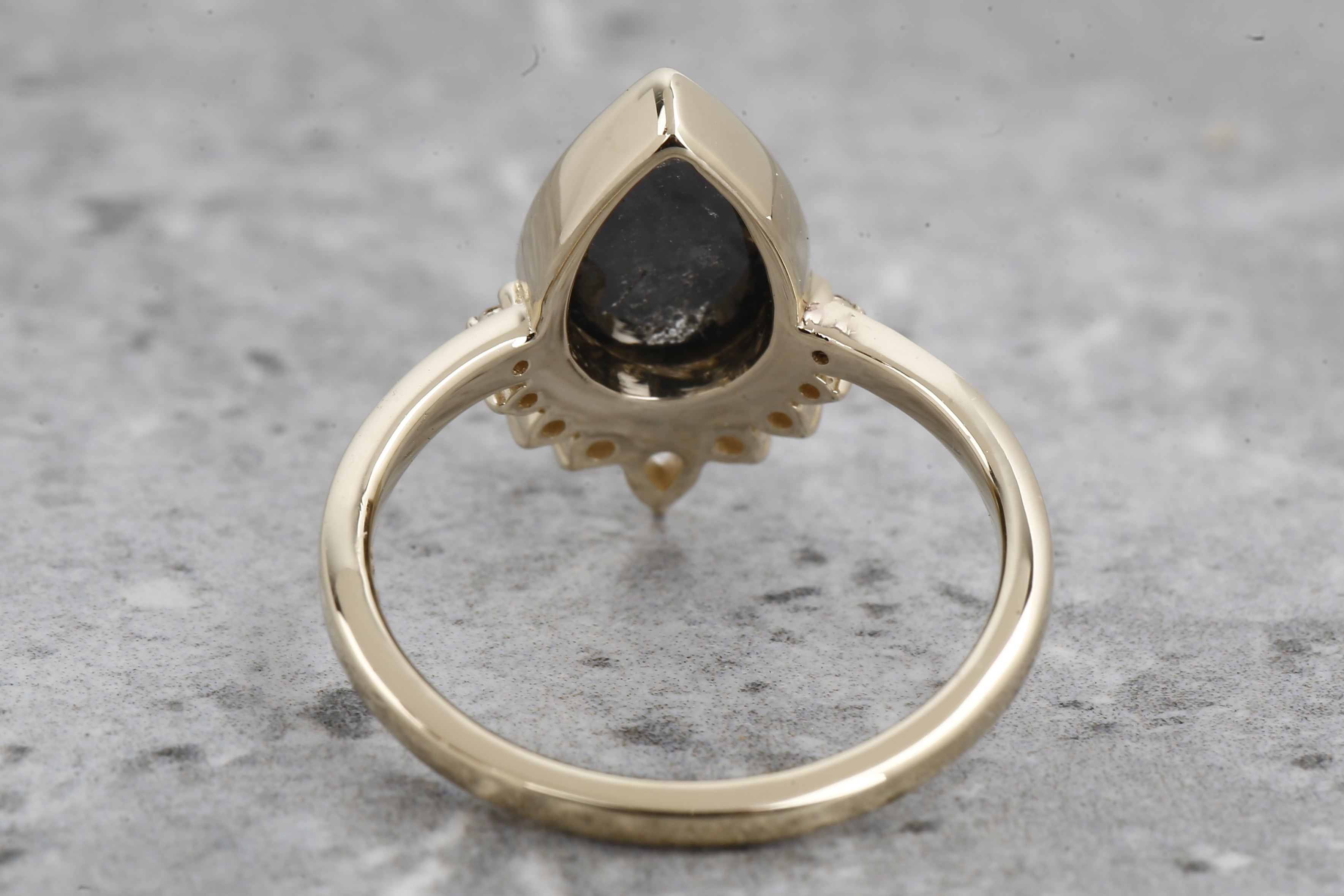 Salt and Pepper Diamond Ring, 14k Gold Engagement Ring, Natural Gray Pear Diamond Bezel Ring, Gift for Her