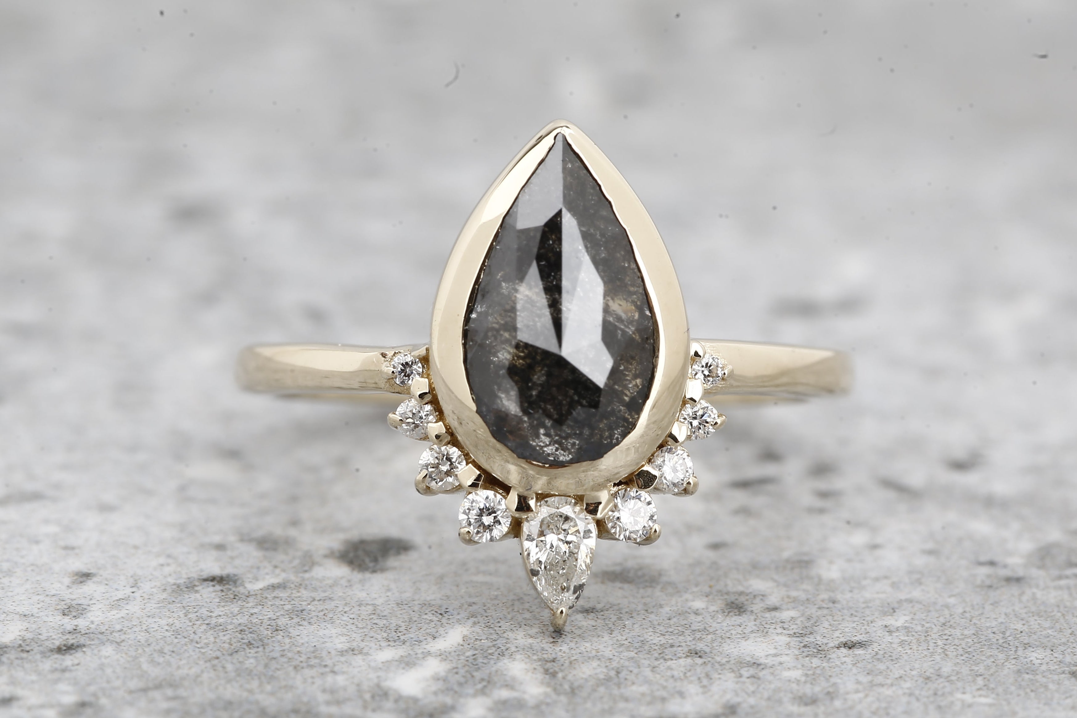 Salt and Pepper Diamond Ring, 14k Gold Engagement Ring, Natural Gray Pear Diamond Bezel Ring, Gift for Her