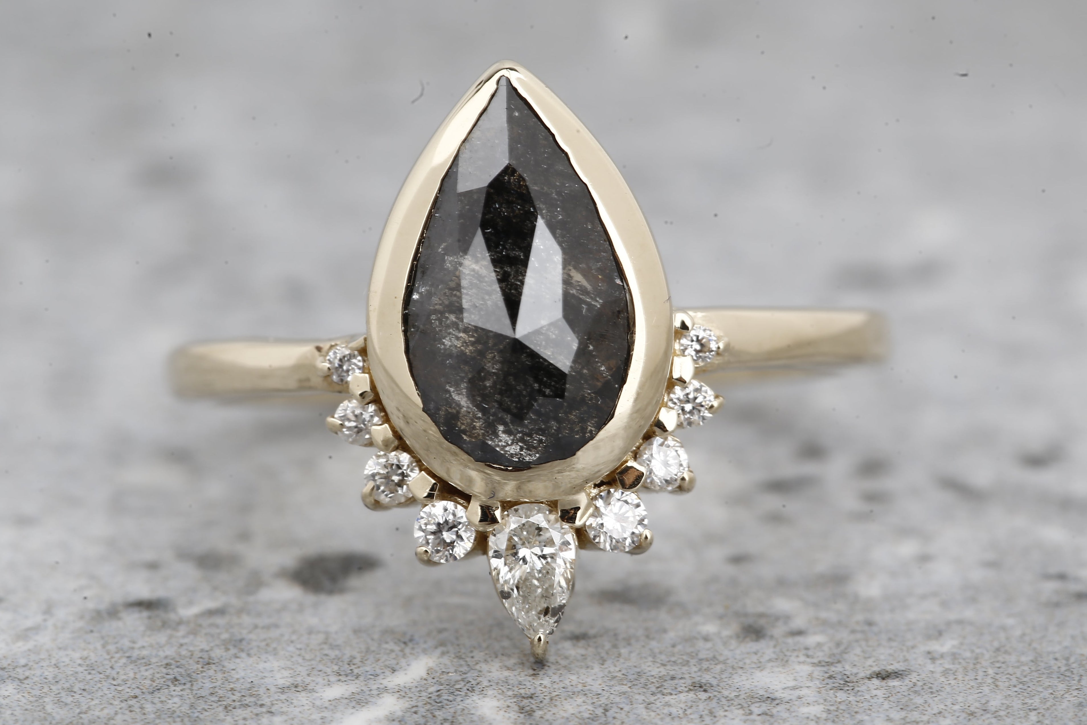 Salt and Pepper Diamond Ring, 14k Gold Engagement Ring, Natural Gray Pear Diamond Bezel Ring, Gift for Her