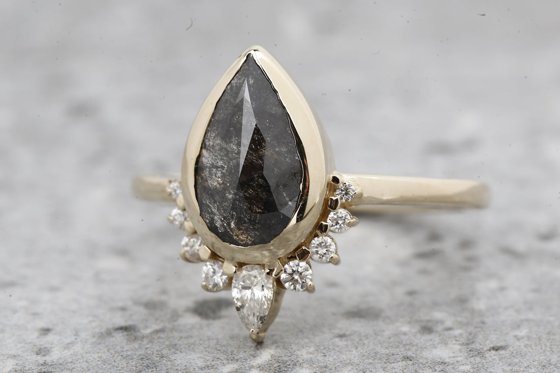 Salt and Pepper Diamond Ring, 14k Gold Engagement Ring, Natural Gray Pear Diamond Bezel Ring, Gift for Her