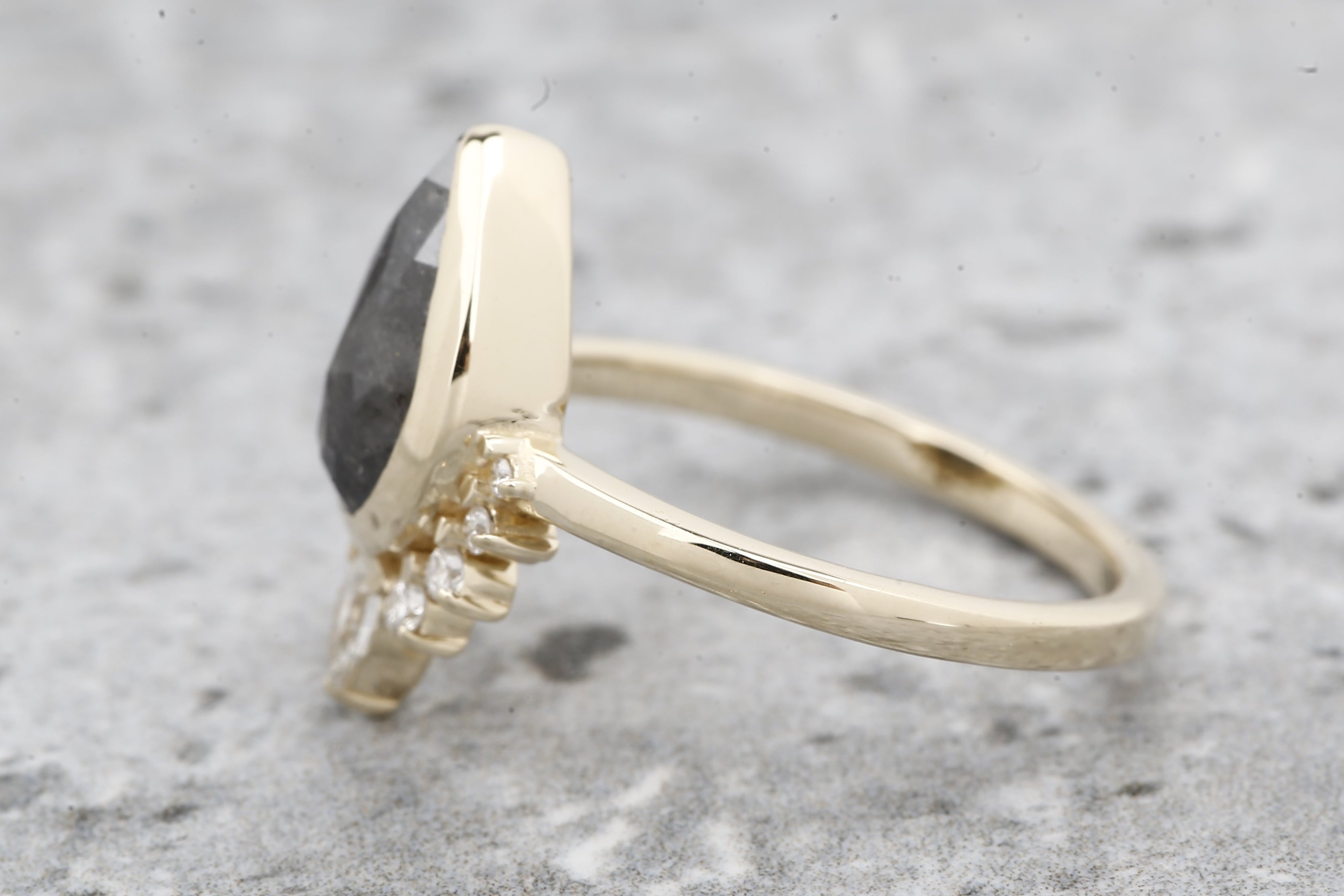 Salt and Pepper Diamond Ring, 14k Gold Engagement Ring, Natural Gray Pear Diamond Bezel Ring, Gift for Her