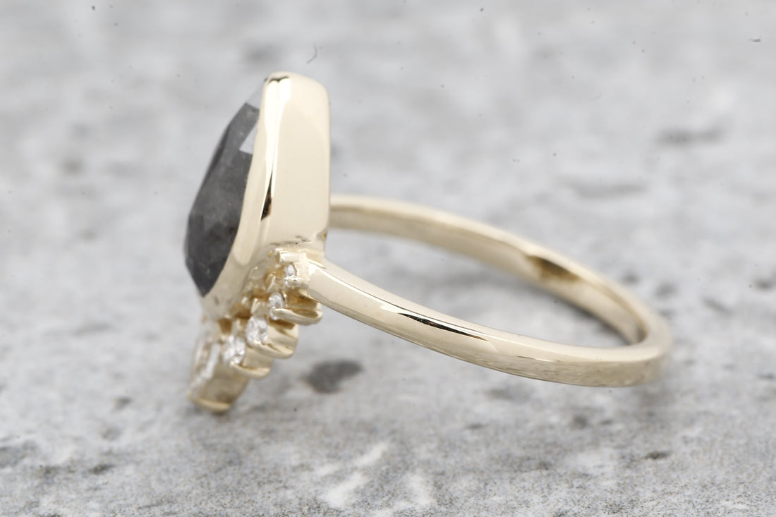 Salt and Pepper Diamond Ring, 14k Gold Engagement Ring, Natural Gray Pear Diamond Bezel Ring, Gift for Her