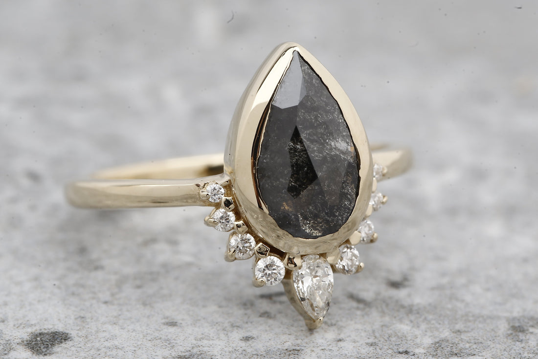 Salt and Pepper Diamond Ring, 14k Gold Engagement Ring, Natural Gray Pear Diamond Bezel Ring, Gift for Her