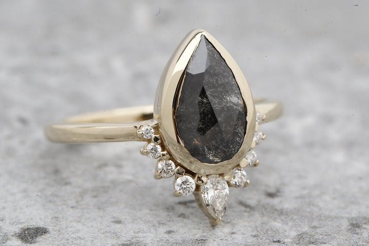 Salt and Pepper Diamond Ring, 14k Gold Engagement Ring, Natural Gray Pear Diamond Bezel Ring, Gift for Her