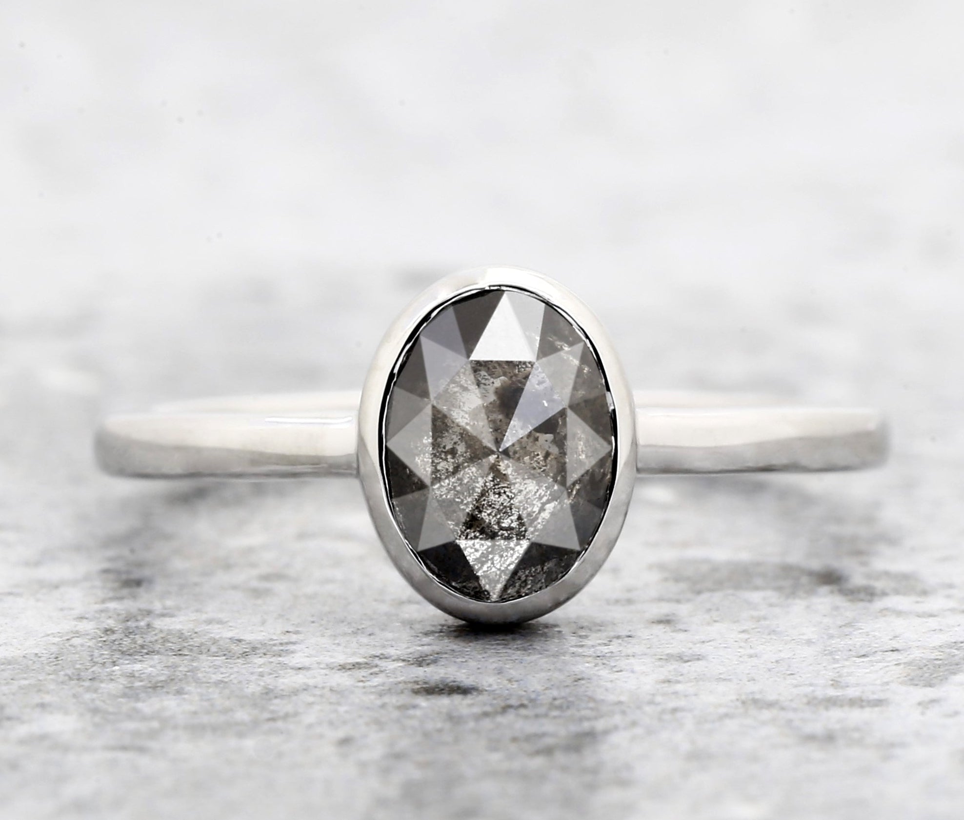 Salt and Pepper Diamond Ring 14K Gold Engagement Ring, Natural Oval Gray Diamond Bezel Ring, Gift for Women