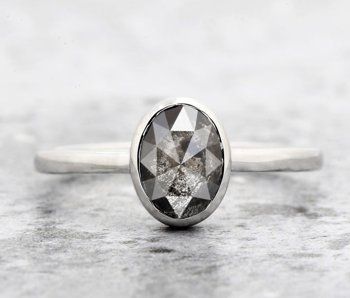 Salt and Pepper Diamond Ring 14K Gold Engagement Ring, Natural Oval Gray Diamond Bezel Ring, Gift for Women