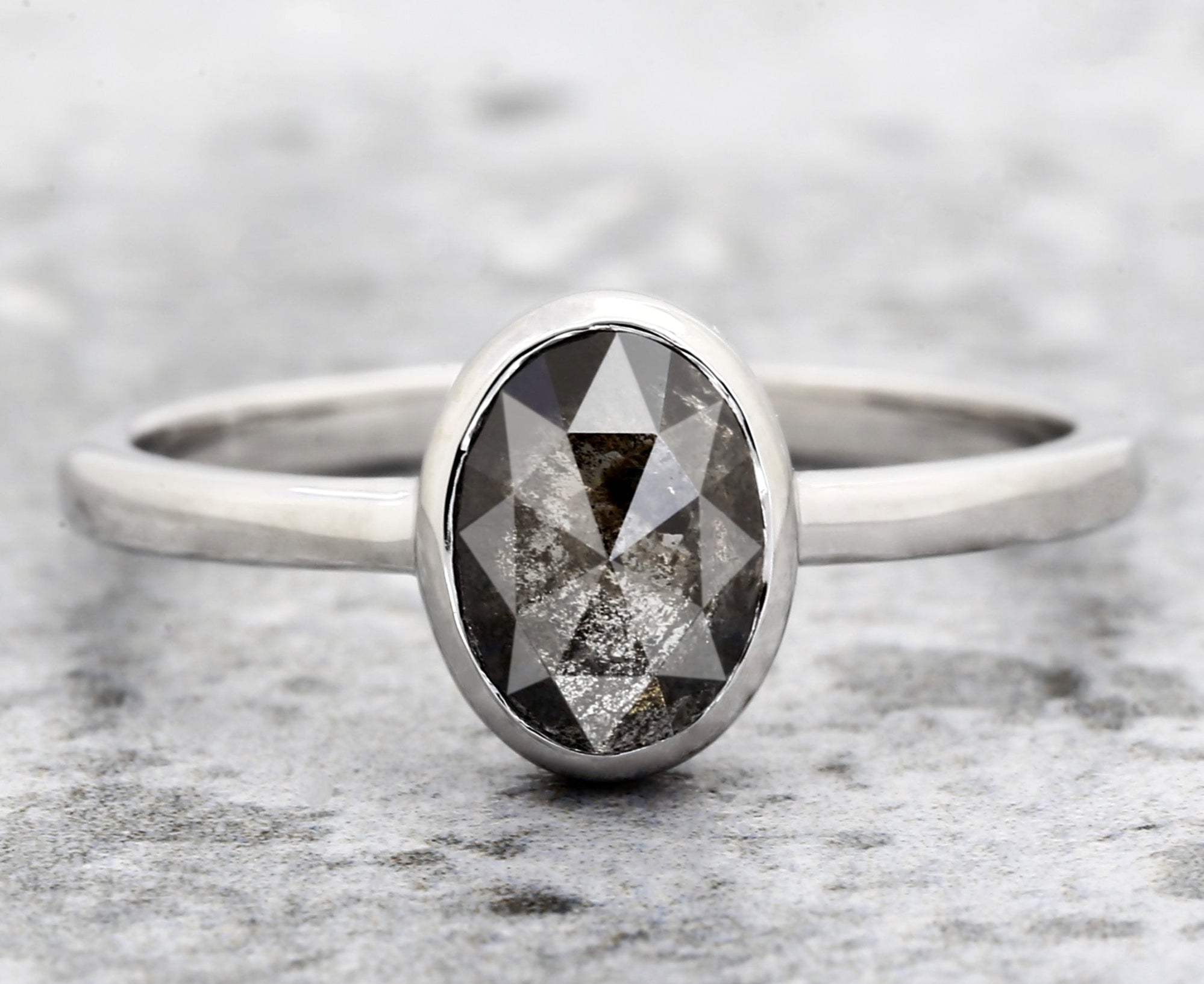 Salt and Pepper Diamond Ring 14K Gold Engagement Ring, Natural Oval Gray Diamond Bezel Ring, Gift for Women