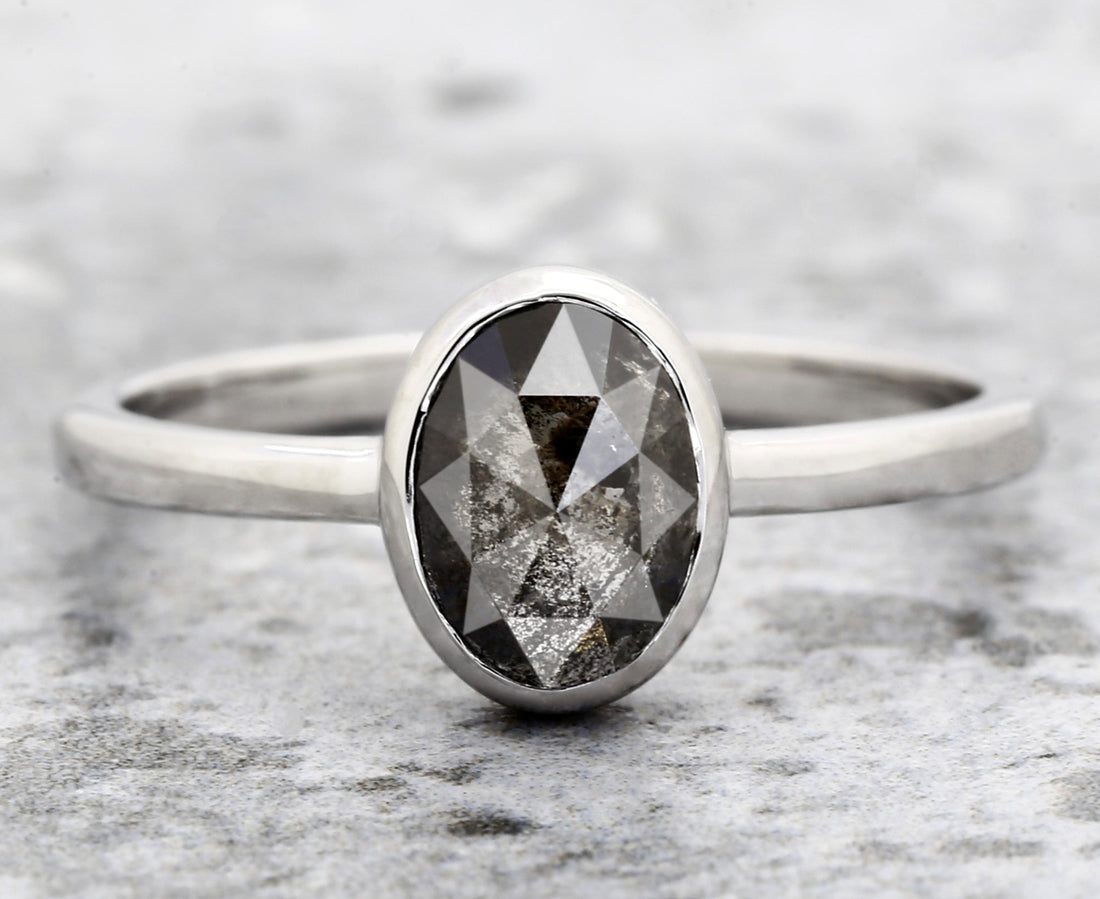 Salt and Pepper Diamond Ring 14K Gold Engagement Ring, Natural Oval Gray Diamond Bezel Ring, Gift for Women
