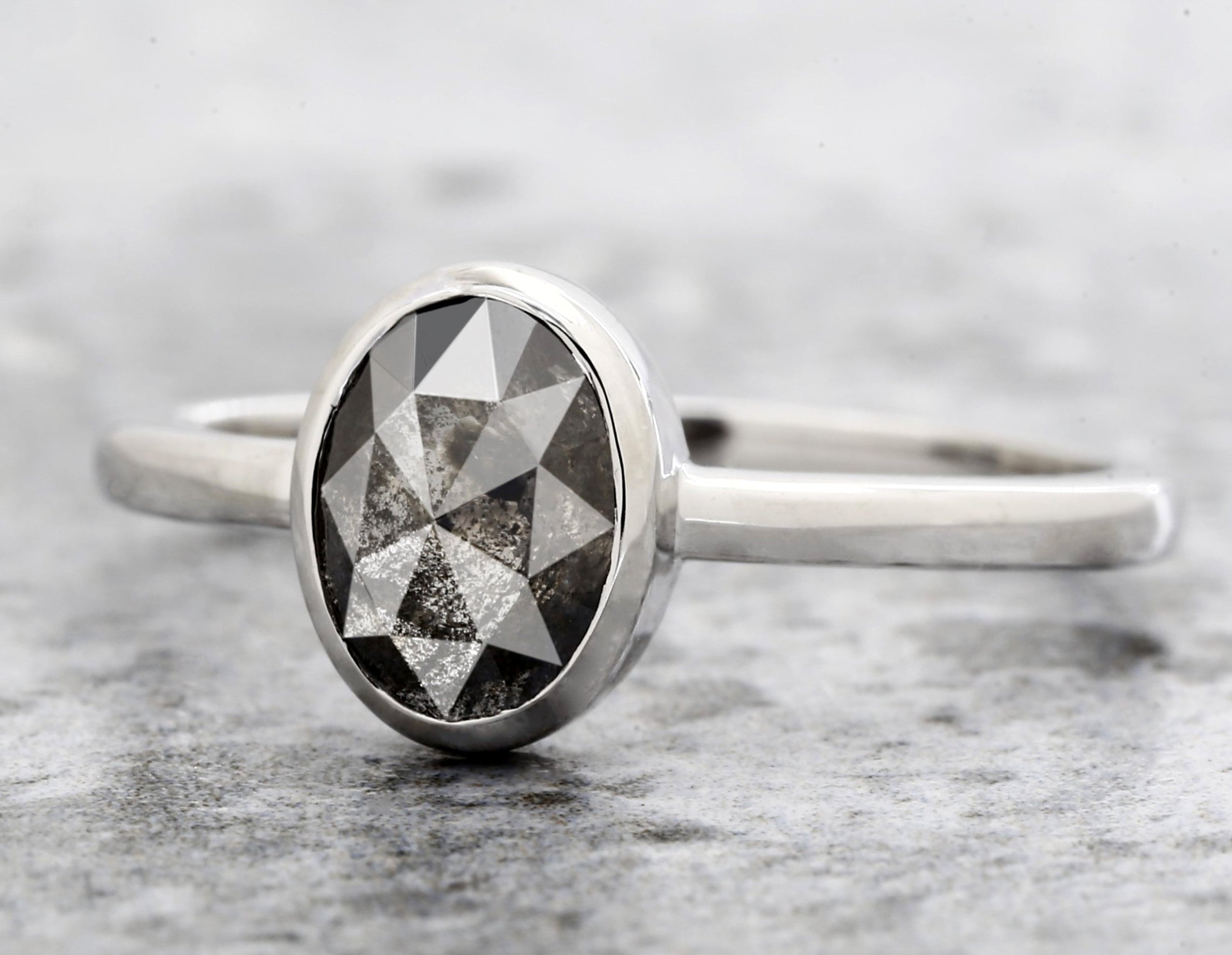 Salt and Pepper Diamond Ring 14K Gold Engagement Ring, Natural Oval Gray Diamond Bezel Ring, Gift for Women