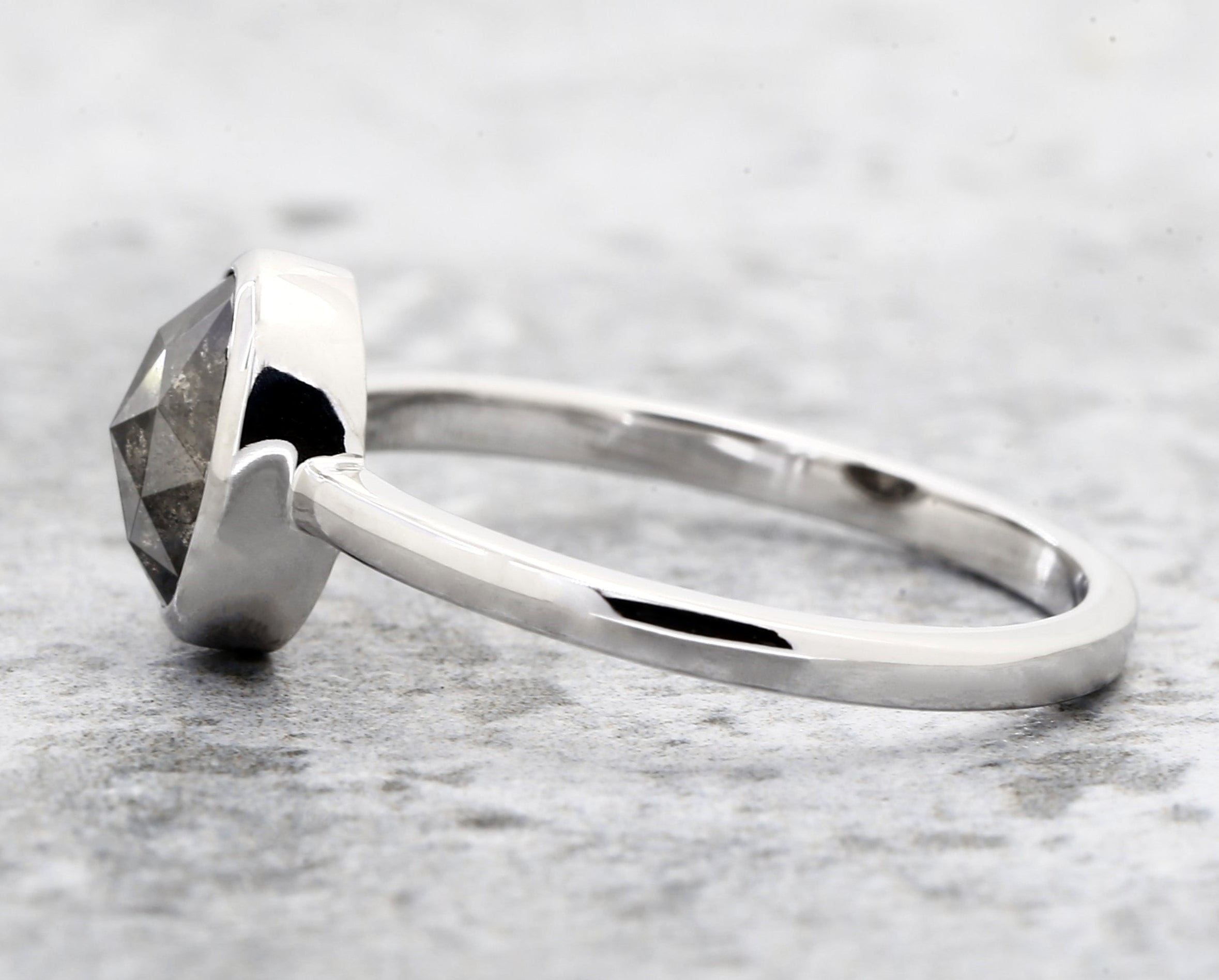 Salt and Pepper Diamond Ring 14K Gold Engagement Ring, Natural Oval Gray Diamond Bezel Ring, Gift for Women