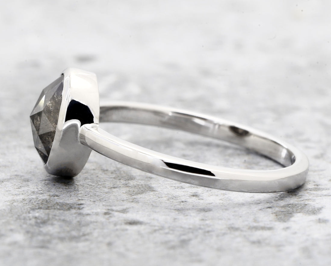 Salt and Pepper Diamond Ring 14K Gold Engagement Ring, Natural Oval Gray Diamond Bezel Ring, Gift for Women