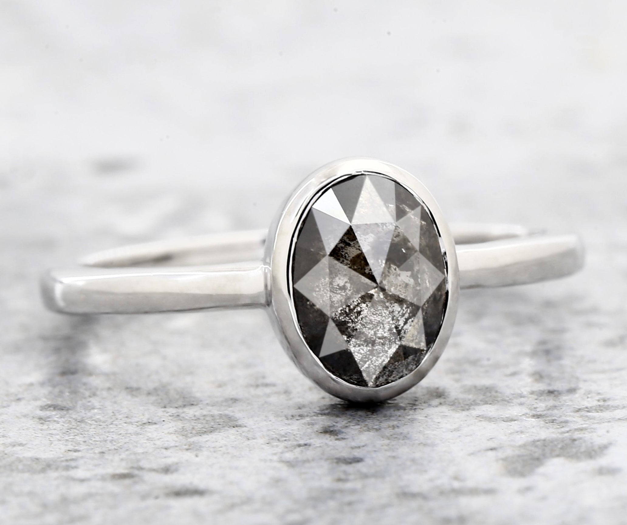 Salt and Pepper Diamond Ring 14K Gold Engagement Ring, Natural Oval Gray Diamond Bezel Ring, Gift for Women