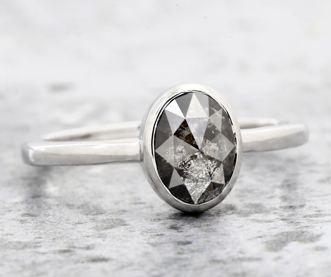 Salt and Pepper Diamond Ring 14K Gold Engagement Ring, Natural Oval Gray Diamond Bezel Ring, Gift for Women