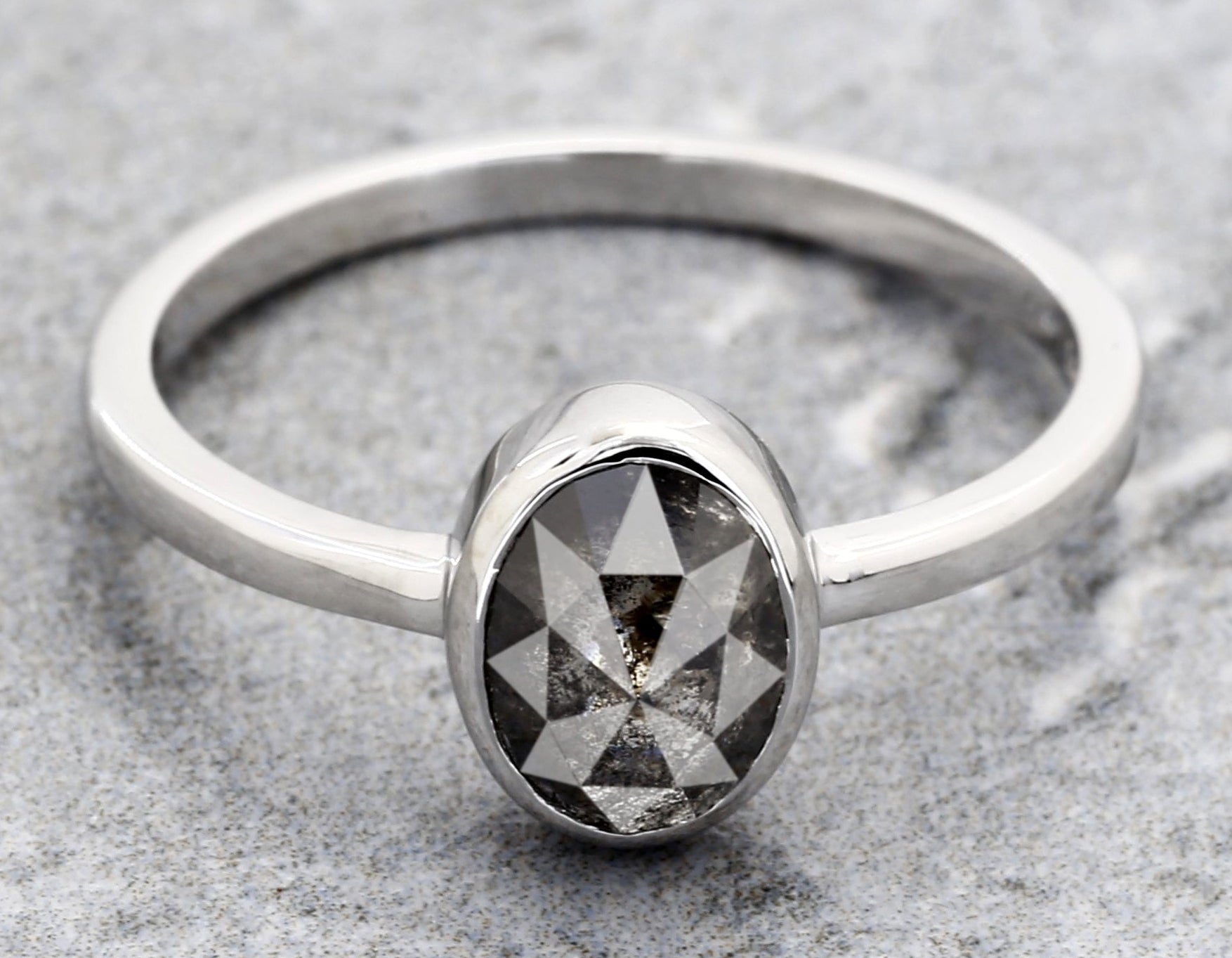 Salt and Pepper Diamond Ring 14K Gold Engagement Ring, Natural Oval Gray Diamond Bezel Ring, Gift for Women