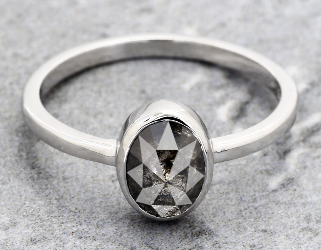 Salt and Pepper Diamond Ring 14K Gold Engagement Ring, Natural Oval Gray Diamond Bezel Ring, Gift for Women