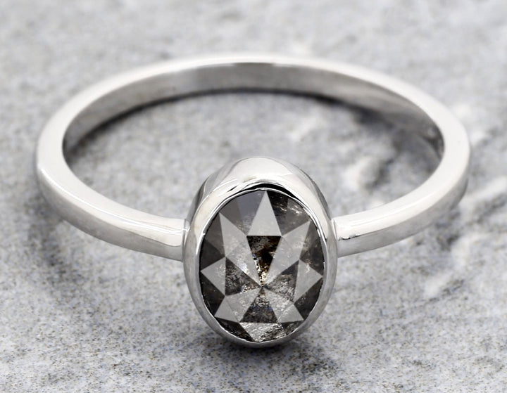 Salt and Pepper Diamond Ring 14K Gold Engagement Ring, Natural Oval Gray Diamond Bezel Ring, Gift for Women