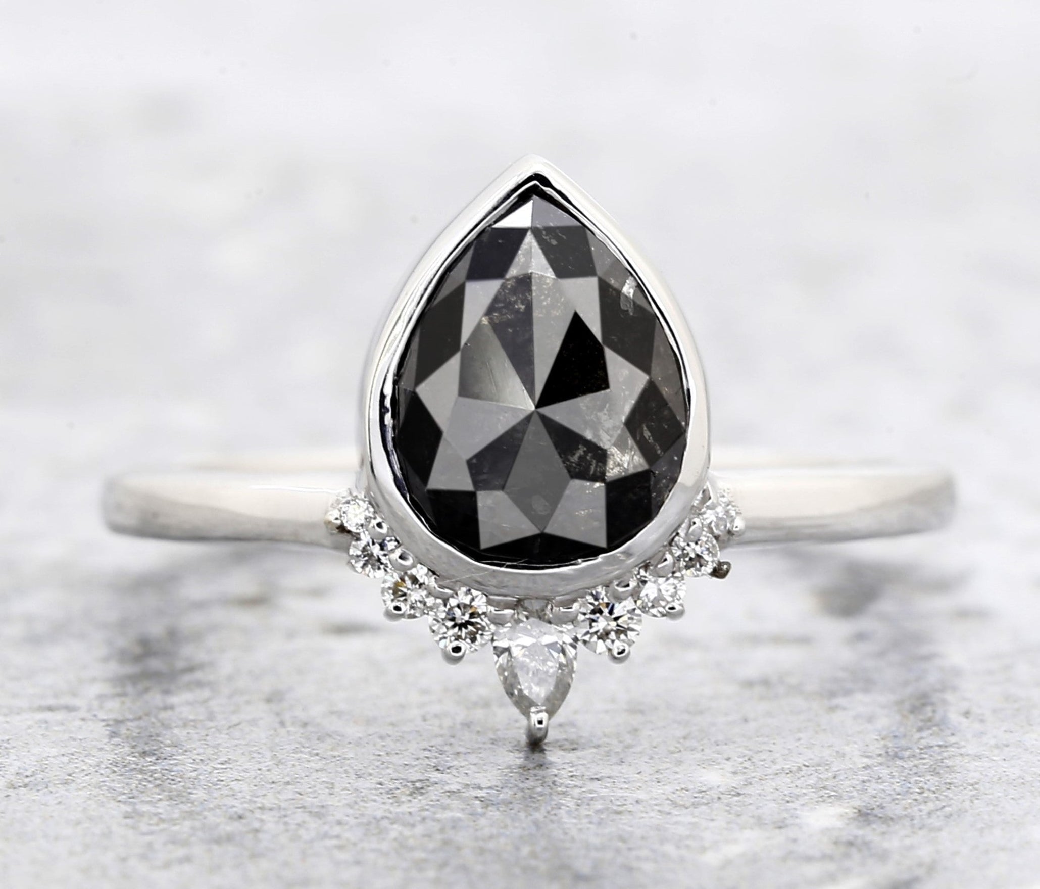 Salt and Pepper Diamond Ring, 14k Gold Engagement Ring, Natural Gray Pear Diamond Bezel Ring, Gift for Women