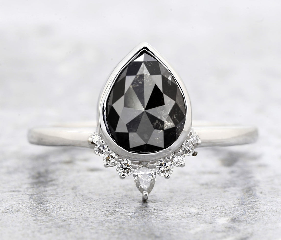 Salt and Pepper Diamond Ring, 14k Gold Engagement Ring, Natural Gray Pear Diamond Bezel Ring, Gift for Women