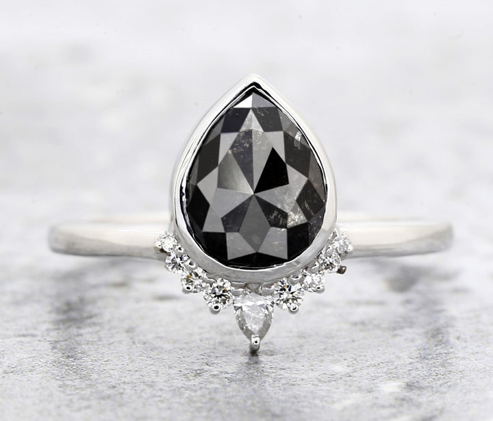 Salt and Pepper Diamond Ring, 14k Gold Engagement Ring, Natural Gray Pear Diamond Bezel Ring, Gift for Women