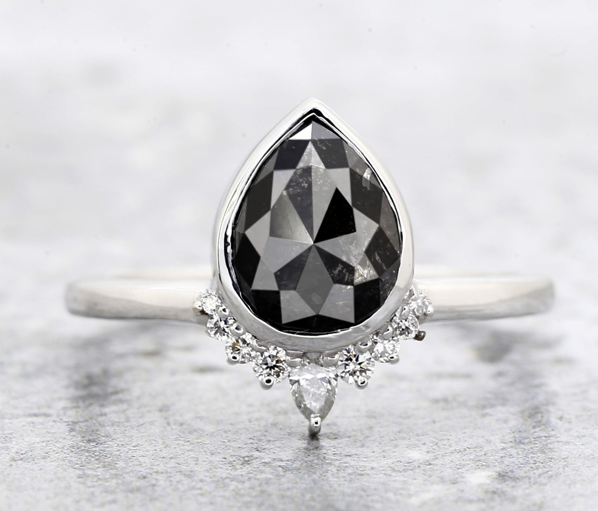 Salt and Pepper Diamond Ring, 14k Gold Engagement Ring, Natural Gray Pear Diamond Bezel Ring, Gift for Women