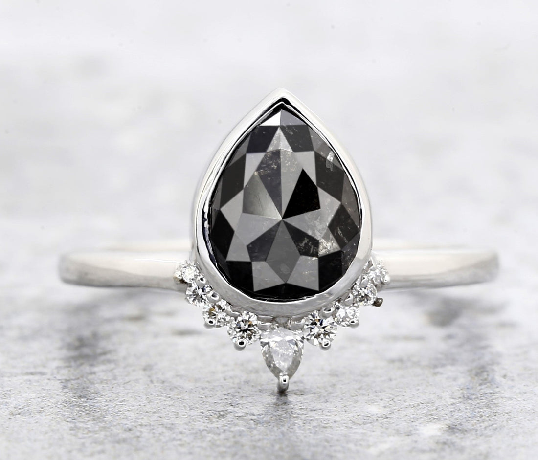 Salt and Pepper Diamond Ring, 14k Gold Engagement Ring, Natural Gray Pear Diamond Bezel Ring, Gift for Women