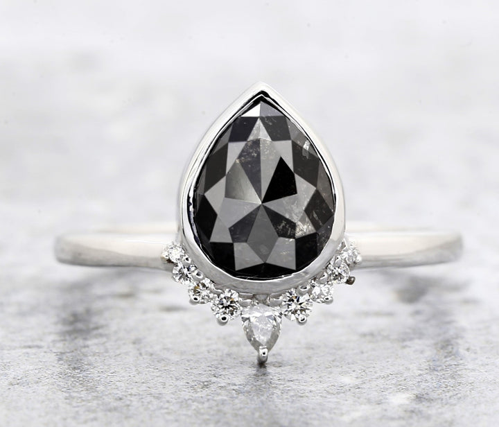 Salt and Pepper Diamond Ring, 14k Gold Engagement Ring, Natural Gray Pear Diamond Bezel Ring, Gift for Women