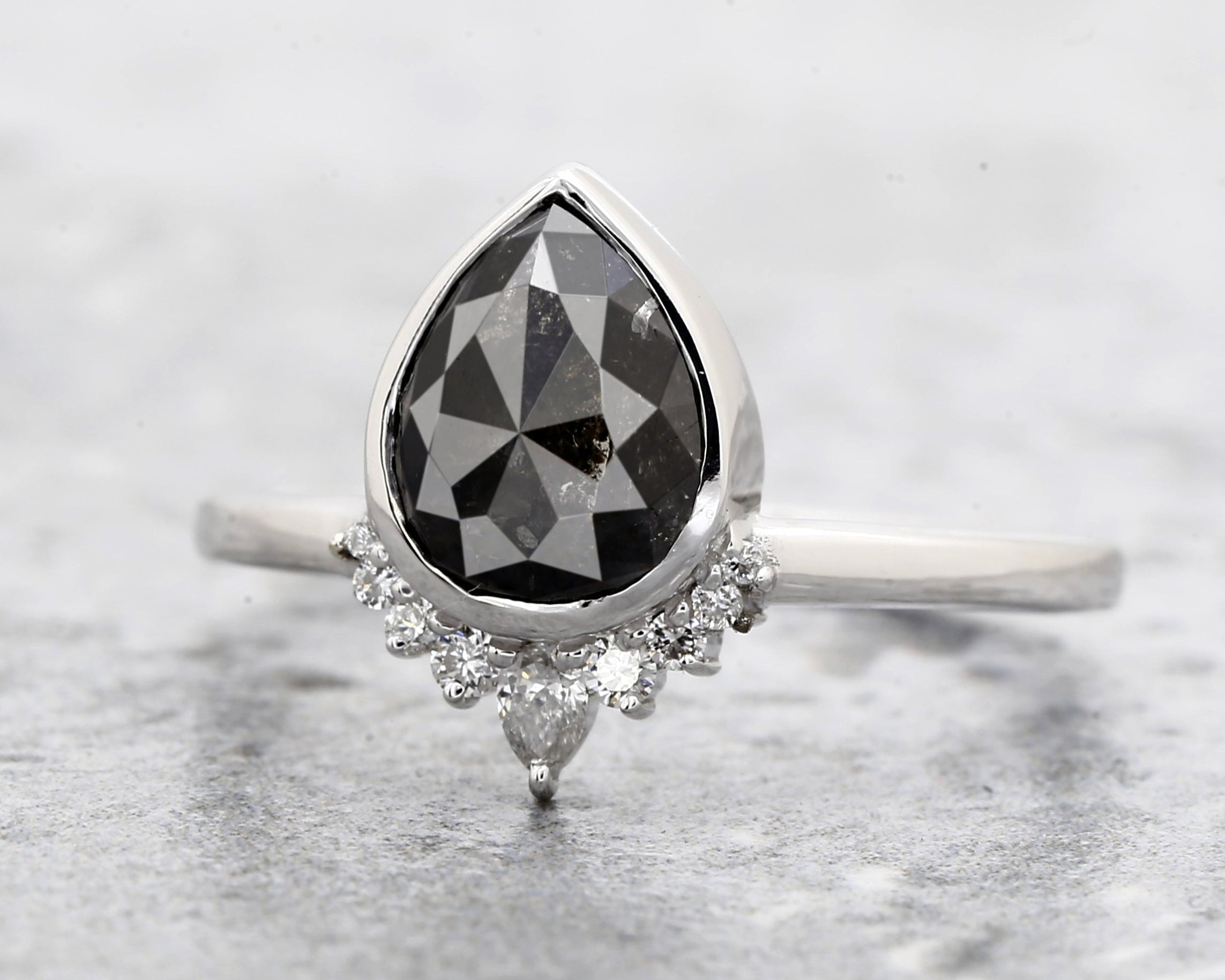 Salt and Pepper Diamond Ring, 14k Gold Engagement Ring, Natural Gray Pear Diamond Bezel Ring, Gift for Women