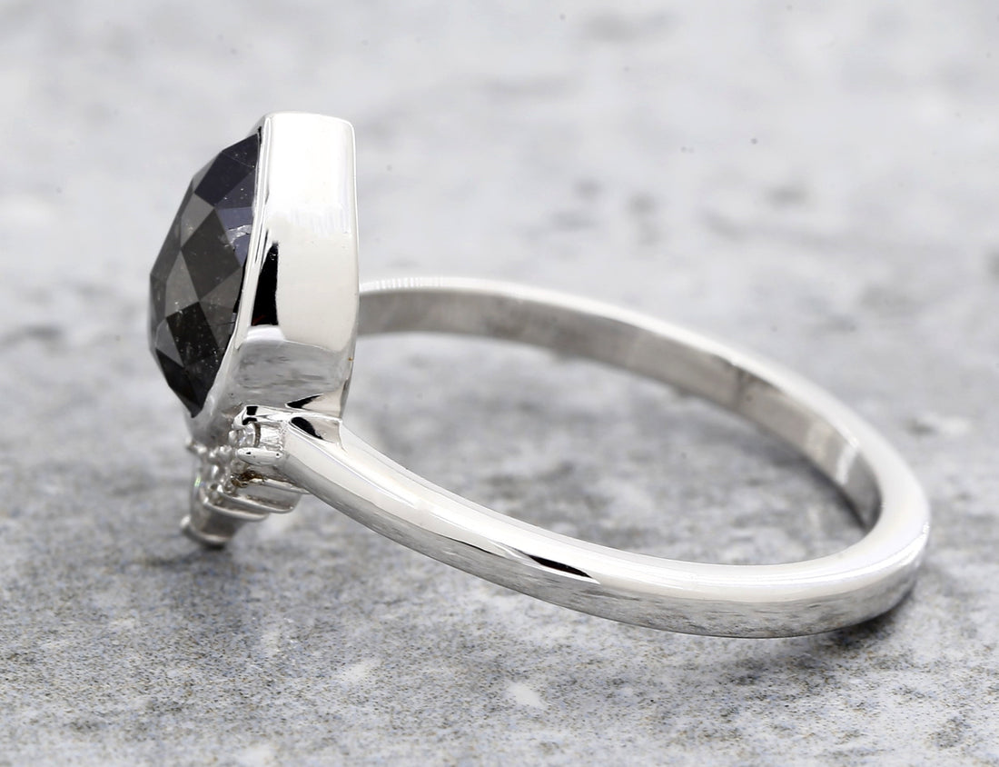 Salt and Pepper Diamond Ring, 14k Gold Engagement Ring, Natural Gray Pear Diamond Bezel Ring, Gift for Women