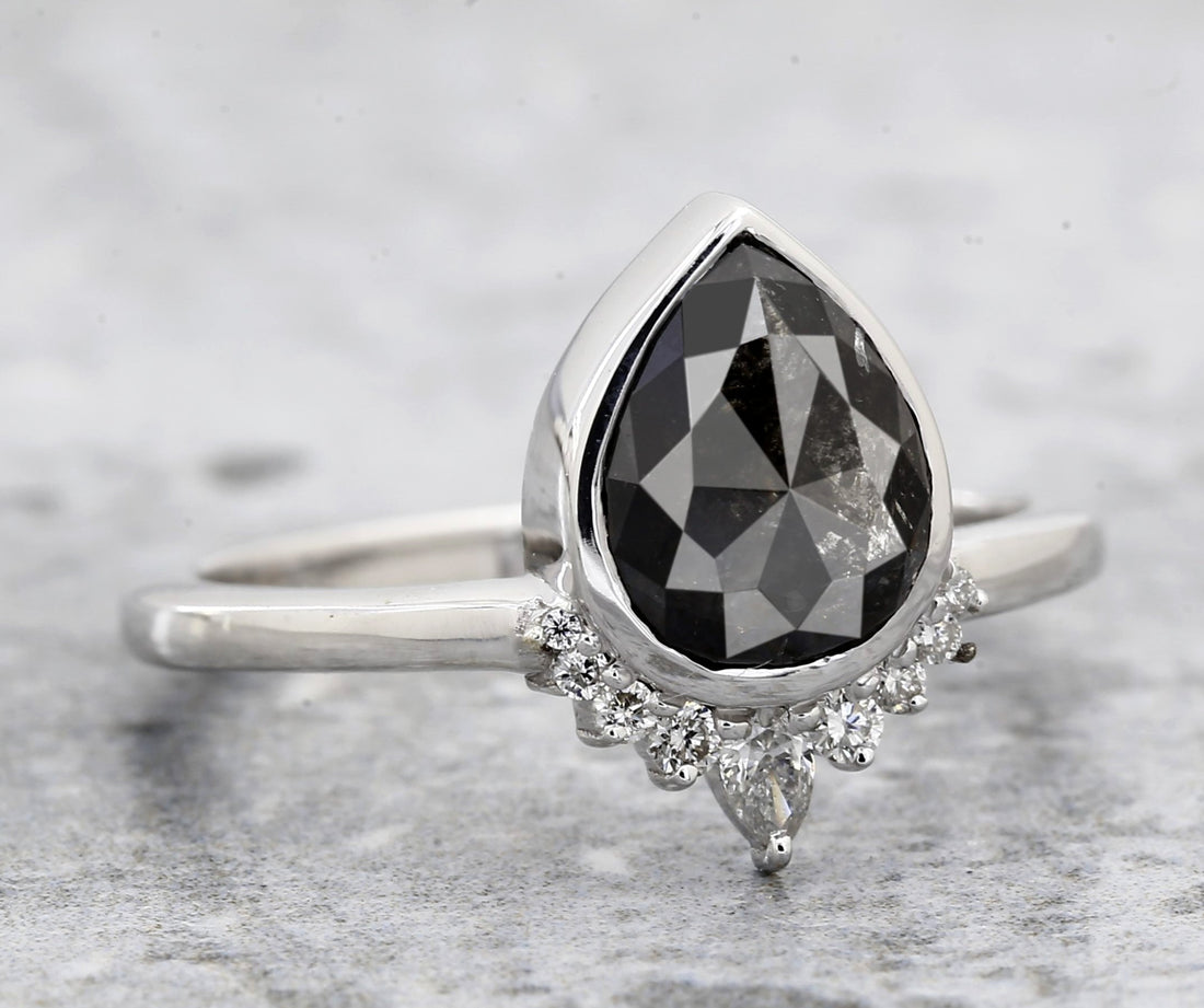 Salt and Pepper Diamond Ring, 14k Gold Engagement Ring, Natural Gray Pear Diamond Bezel Ring, Gift for Women