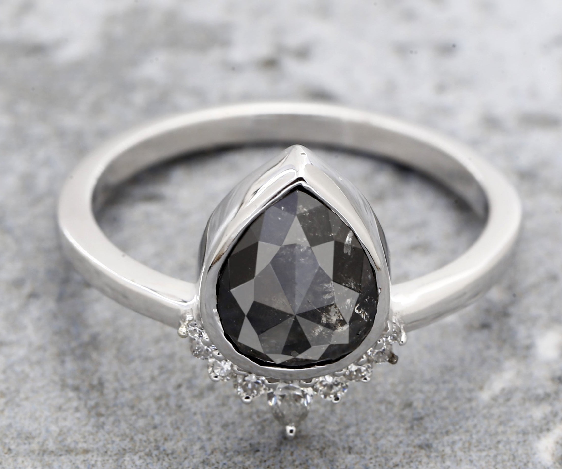 Salt and Pepper Diamond Ring, 14k Gold Engagement Ring, Natural Gray Pear Diamond Bezel Ring, Gift for Women